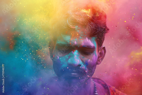 hindu man celebrating holi with colorful holi powders, multicolor dust clouds