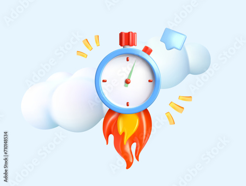 3D icon stopwatch with fire. Isolated on background. Concept of quickly completing a task. Vector illustration