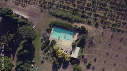 Drone footage of pool in the summer with surrounded by olive groves. Lauris, France photo