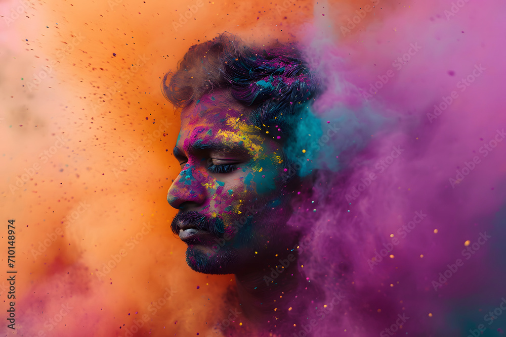 hindu man celebrating holi with colorful holi powders, multicolor dust clouds