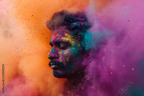 hindu man celebrating holi with colorful holi powders, multicolor dust clouds