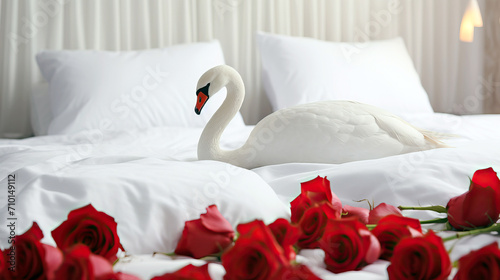 Fototapeta Naklejka Na Ścianę i Meble -  Two swans made from towels are kissing on honeymoon white bed. Valentine signature made from red rose flower on bed decoration in bedroom