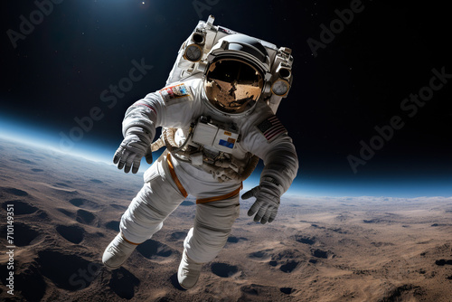 An astronaut in a vintage spacesuit in flight above the surface of the planet. Generated by artificial intelligence
