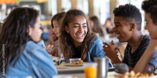 Teenagers laughing at a school cafeteria