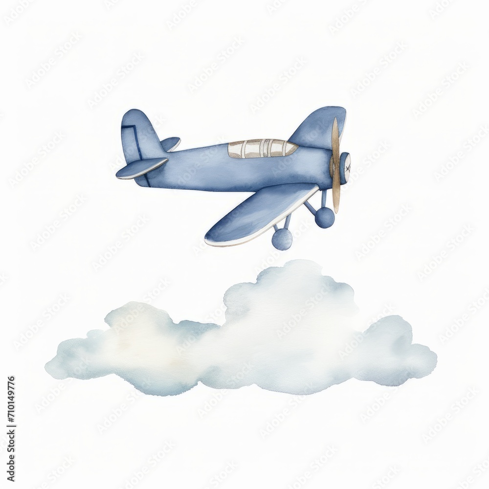 Aquarell eines blauen Flugzeugs mit Propeller in der Luft Illustration