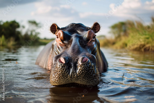 Hippo in the water looking at camera.