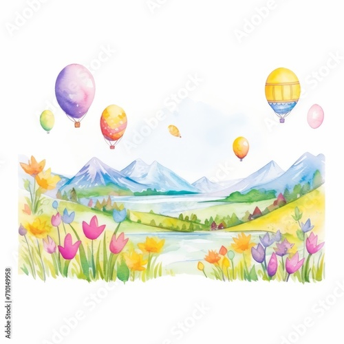 Aquarell einer Fr  hlingslandschaft mit Luftballons Illustration