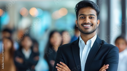 A young indian  man with a beaming smile confidently stands with crossed arms in a bustling corporate setting, exuding charisma and professionalism
