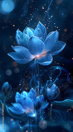 Blue lotus flowers on black background