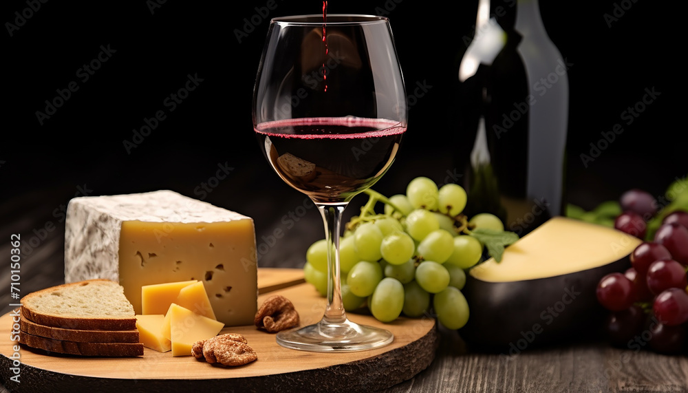 Gourmet wine and cheese on rustic wooden table, generated by AI
