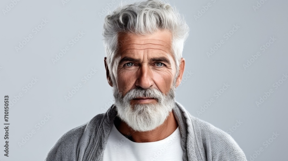 Close up portrait of well groomed man over 55 year old with stylish beard and haircut. Old age model with grey hair. Beard style. Elderly men model. Barber shop Close up portrait of well groomed man over 55 year old with stylish beard and haircut. Old age model with grey hair. Beard style. Elderly men model. Barber shop