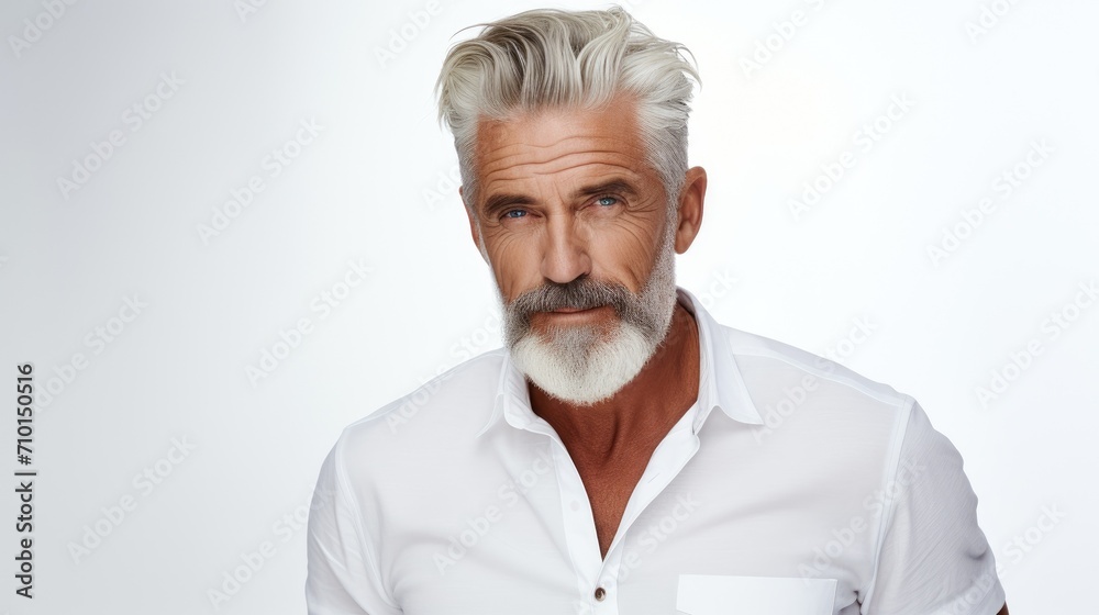 Close up portrait of well groomed man over 55 year old with stylish beard and haircut. Old age model with grey hair. Beard style. Elderly men model.  Barber shop