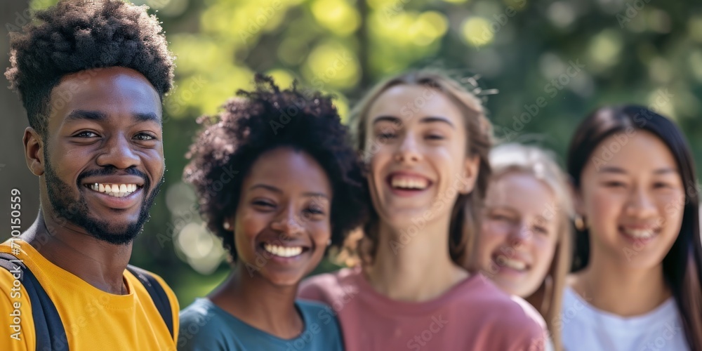 A group of multicultural young adults smiling outdoors, reflecting friendship and diversity.