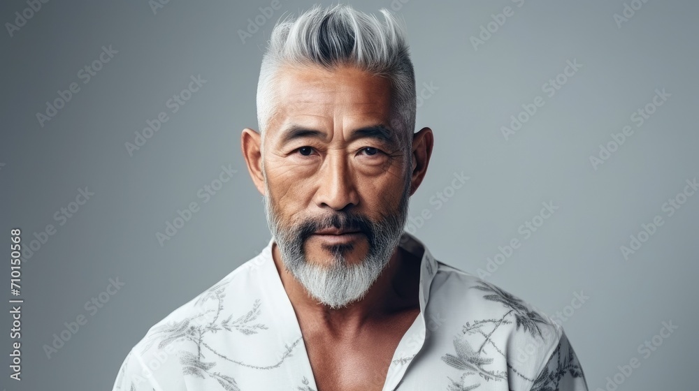 Portrait of asian bearded old age man having white hair and stylish beard, natural senior man wrinkles. Well groomed bearded man over 45 years old. Beard style for men. Senior age model