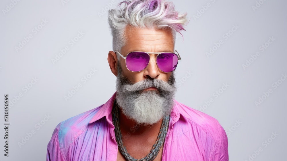 Portrait of bearded age model man with stylish colored hair and beard in fashionable bright glasses. Dyed hair senior men. Hair and beard trendy style for old men. Merman trend, rainbow colored hair