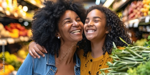 An African American mother and daughter laughing while baking together in a bright and cozy kitchen.