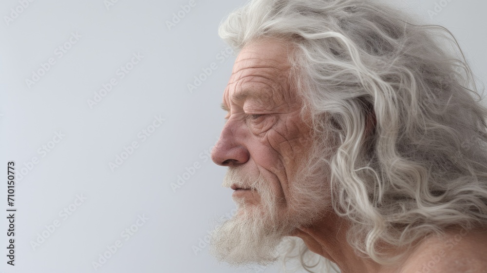 Portrait of bearded old age man having white hair, natural senior man wrinkles. Old face