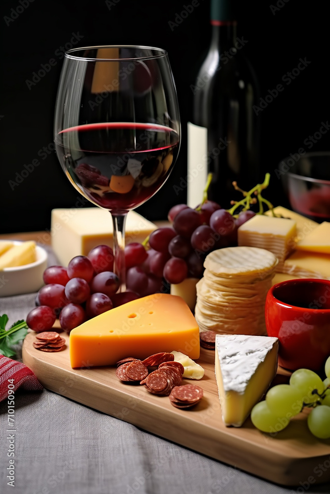 Gourmet wine and cheese on wooden table, generated by AI