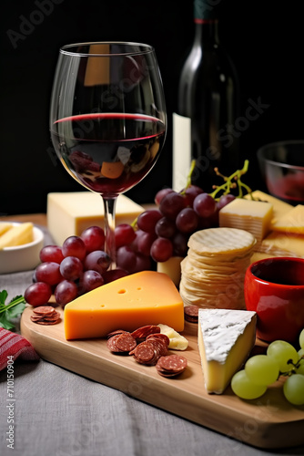 Gourmet wine and cheese on wooden table, generated by AI