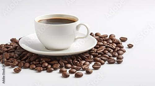 Hot coffee cup and beans roasted on a white background. AI generated image