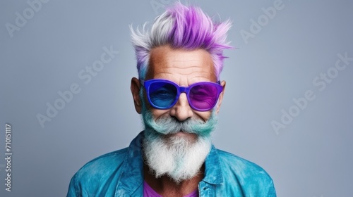 Portrait of bearded age model man with colorful stylish hair. Hair color for men. Hair style for old men