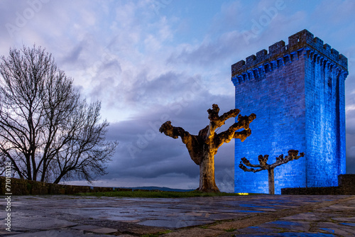 Tower of Homage at night. Monumental Complex of San Vicente del Pino. Monforte de Lemos, Lugo, Galicia, Spain.