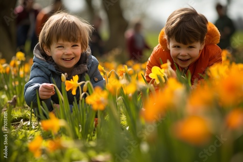 Excited children searching for colorful easter eggs in a vibrant meadow surrounded by lush greenery