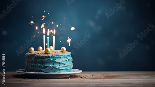 Gâteau d'anniversaire avec bougie. Espace vide de composition. Nourriture, festif, cadeau, célébration. Fond pour conception et création graphique. photo