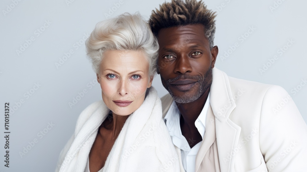 Portrait of a fashionable elegant mixed couple. Beauty photoshoot with modern models. Mixed couple woman and african-american man, diversity Portrait of a fashionable elegant mixed couple. Beauty photoshoot with modern models. Mixed couple woman and african-american man, diversity