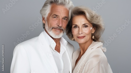Close up of beautiful senior couple husband and wife looking at camera. Family mature couple portrait. Models over 50 years old