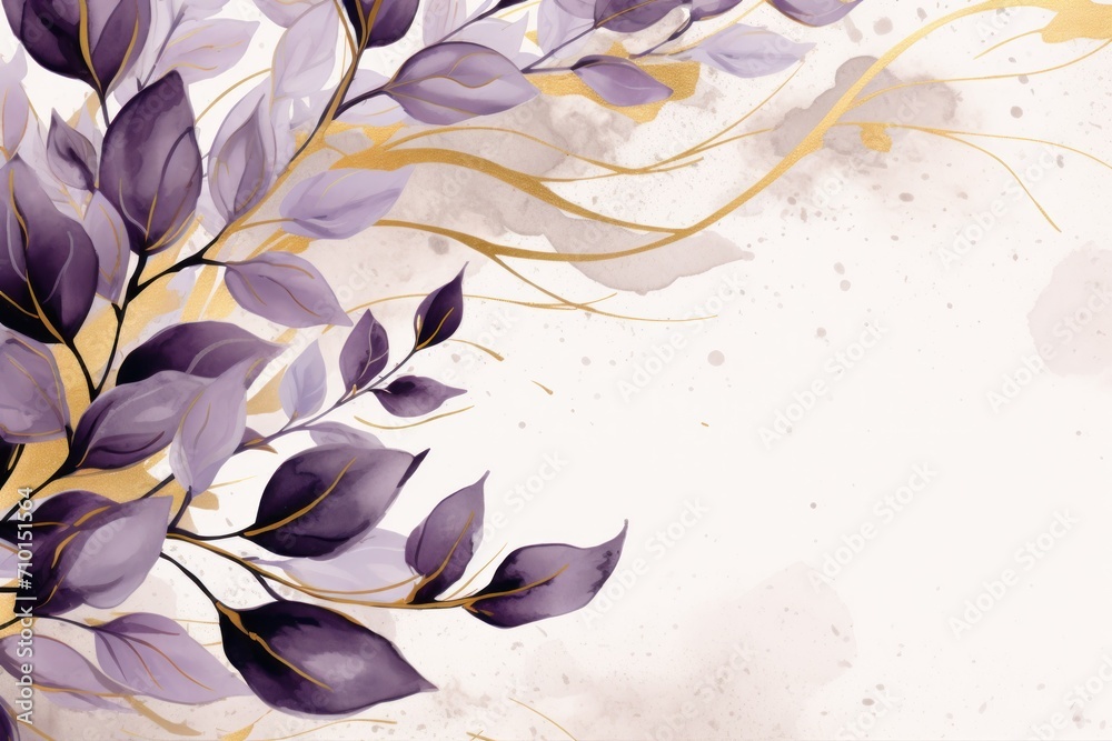 Abstract botanical background with tree branches and leaves in line art. Lilac and golden leaf, brush, line, splash of paint 