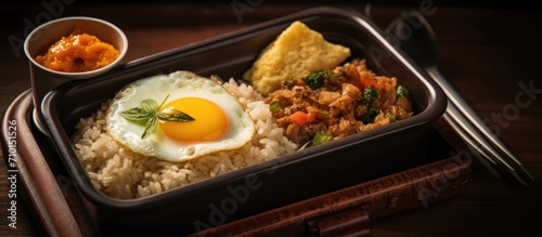 Lunchbox with pre-made Thai fried rice, pork, egg, and dessert.