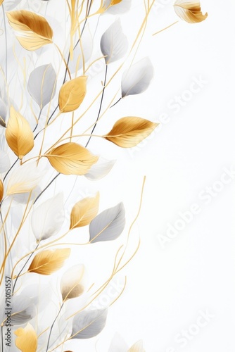 Abstract botanical background with tree branches and leaves in line art. Sepia and golden leaf, brush, line, splash of paint 
