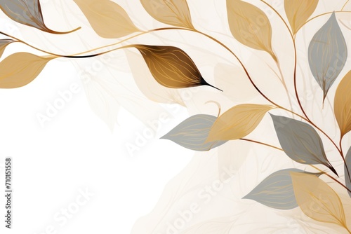 Abstract botanical background with tree branches and leaves in line art. Sepia and golden leaf  brush  line  splash of paint 