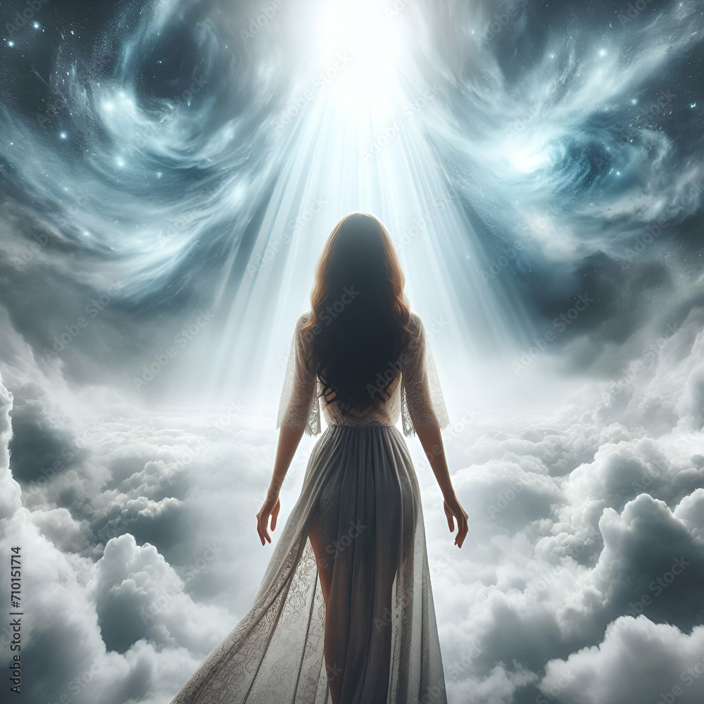 Back View of a Sexy Etheric Goddess Woman Model in a Dress Evening Gown Praying in the Heaven Sky Clouds with a Beam of Light & Love Overhead. Walk Towards Forward in Spiritual Soul Journey Ascension Back View of a Sexy Etheric Goddess Woman Model in a Dress Evening Gown Praying in the Heaven Sky Clouds with a Beam of Light & Love Overhead. Walk Towards Forward in Spiritual Soul Journey Ascension