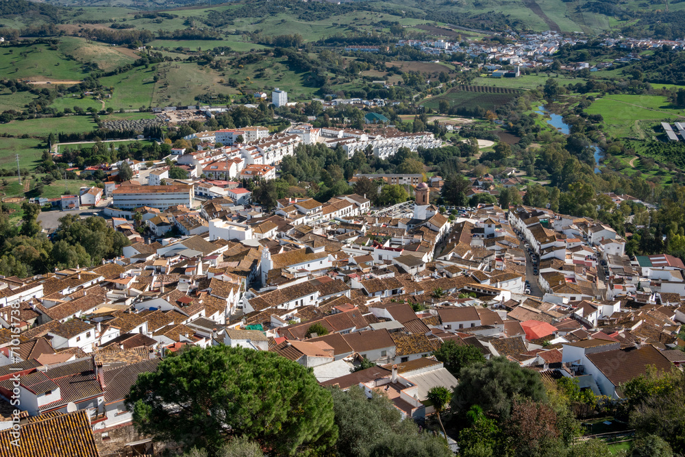 View from above of Jimena de la Frontera, a pretty white village in the province of Cadiz, Andalusia, Spain