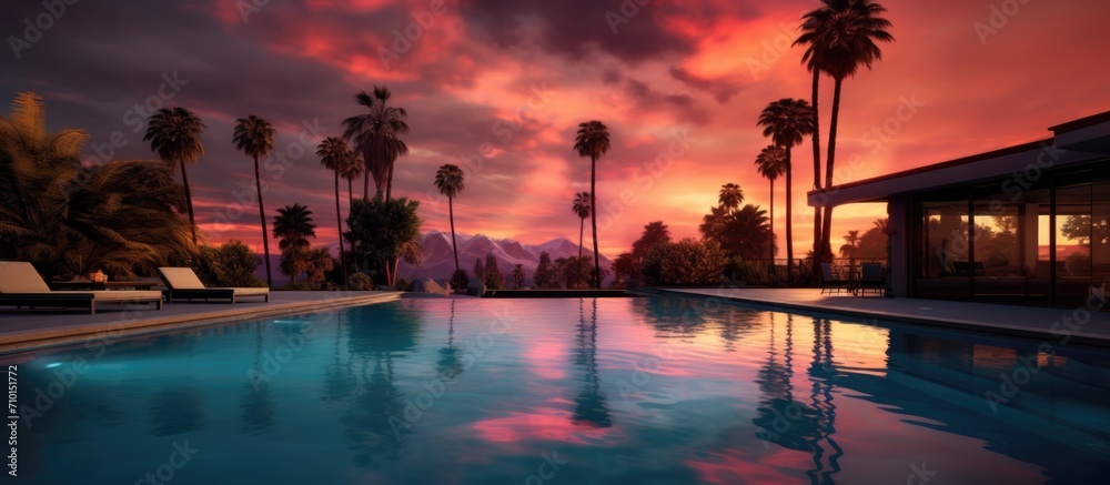 Pool at sunset at home