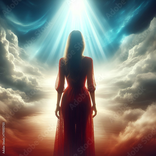 Back View of a Sexy Etheric Goddess Woman Model in a Dress Evening Gown Praying in the Heaven Sky Clouds with a Beam of Light & Love Overhead. Walk Towards Forward in Spiritual Soul Journey Ascension photo