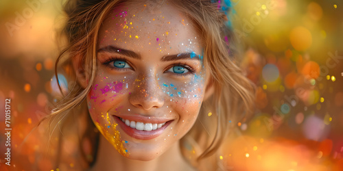 Portrait of a Beautiful Woman, her face is covered with colorful powders