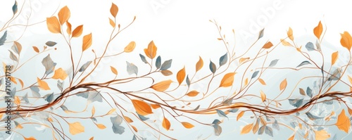 Abstract botanical background with tree branches and leaves in line art. Mint and golden leaf, brush, line, splash of paint 