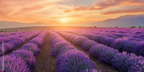 lavender field at sunset with rows of purple blooms