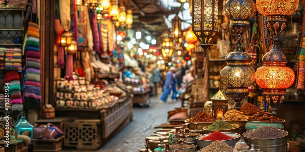 Moroccan bazaar with spices, textiles, and lanterns
