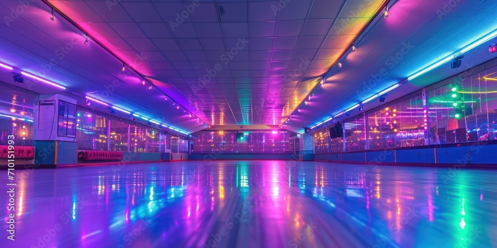 retro roller skating rink with colorful lights and disco music - obrazy, fototapety, plakaty 
