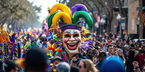 Mardi Gras parade with colorful floats and masks photo