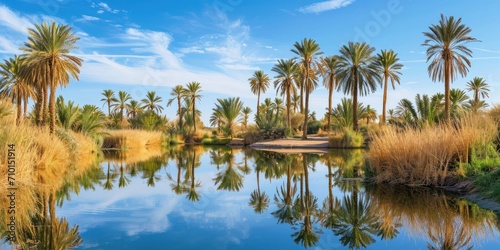 desert oasis with palm trees and a clear blue sky