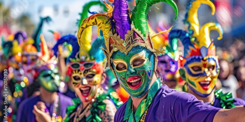 Mardi Gras parade with colorful floats and masks
