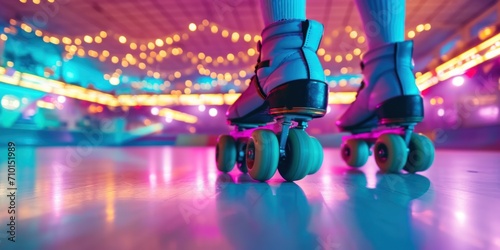 retro roller skating rink with colorful lights and disco music photo