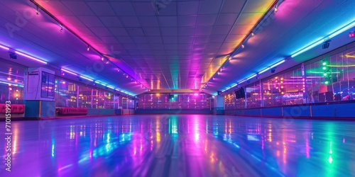 retro roller skating rink with colorful lights and disco music