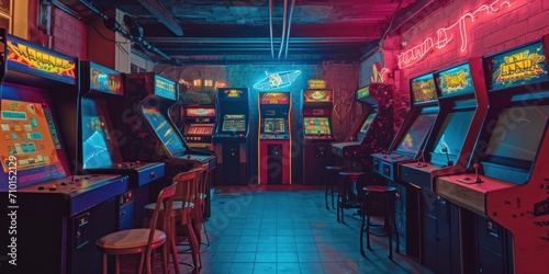 vintage arcade with retro video games and colorful neon lights