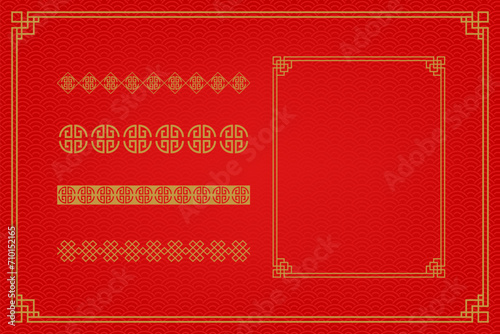 Chinese frame or border set on red background. traditional asian ornaments, golden oriental